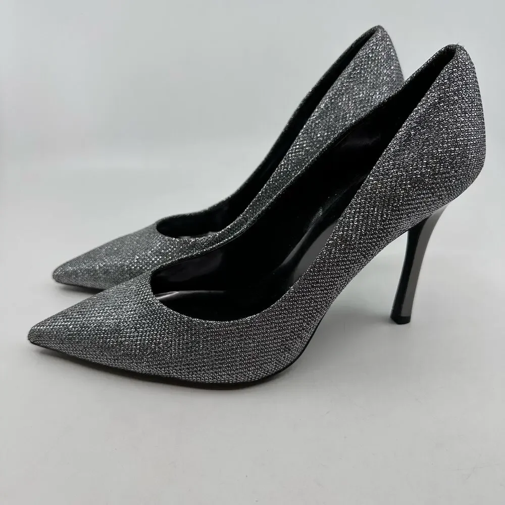 Guess Pointed Toe Glitter Pumps Womens 8 1/2 M Silver Dressy High Heels Office